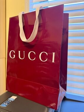 Gucci Burgundy Paper Shopping Bag with White Logo and Cream Handles